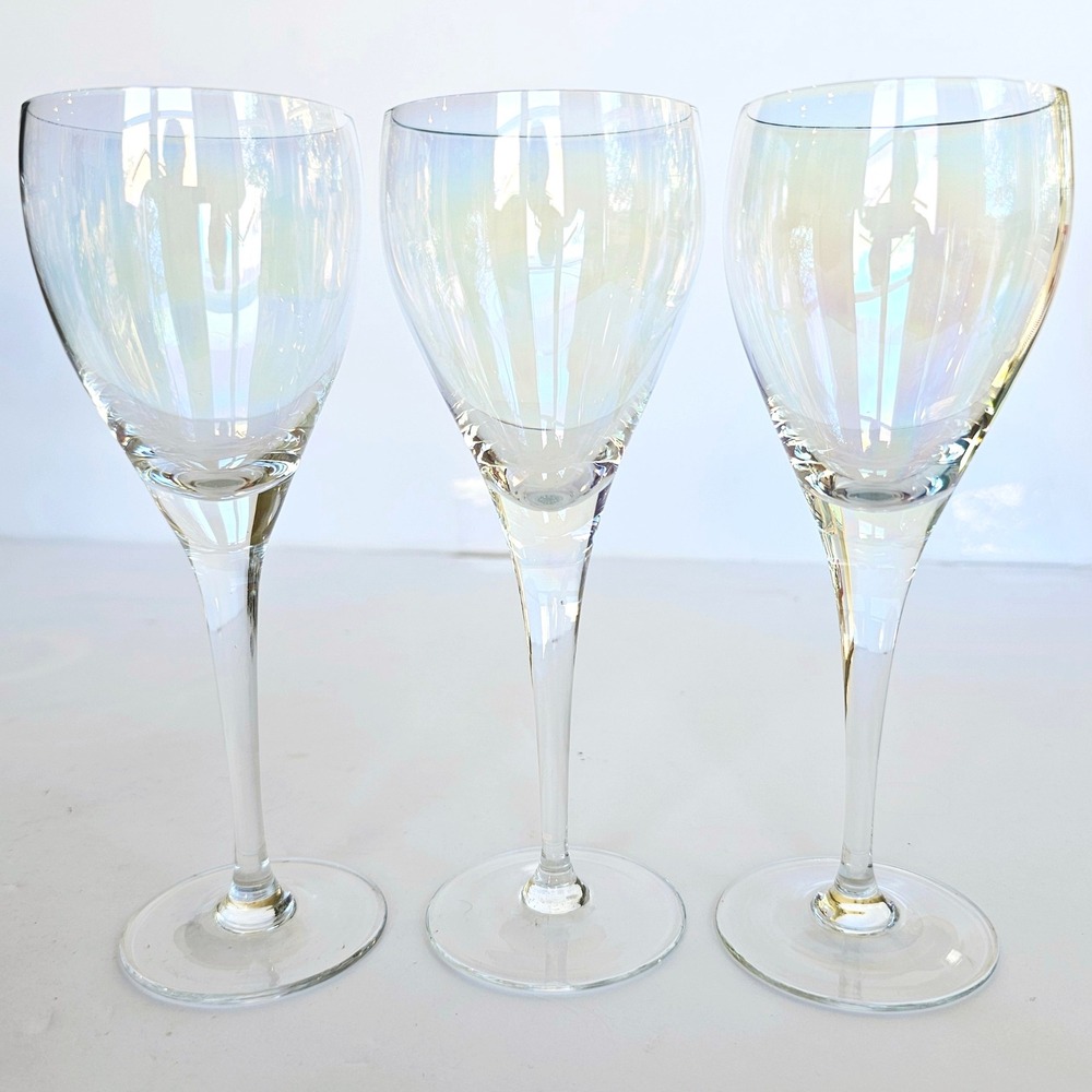 Vintage Iridescent Luster Wine Glasses Set of 3 Long Stem Pearlescent Barware